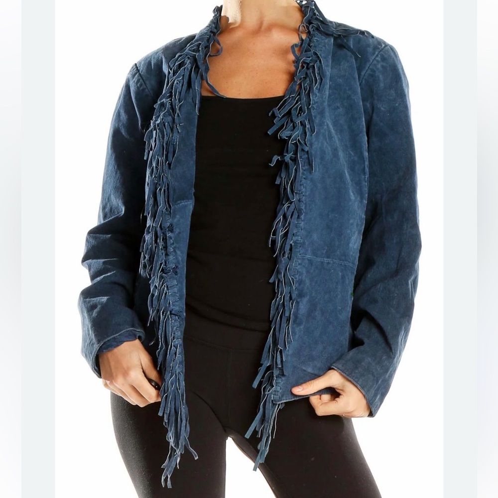 DIALOGUE GREEN FRINGED SUEDE LEATHER WASHABLE JACKET HOOK & EYE CLOSURE SZ MED